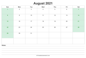 august 2021 calendar with us holidays and notes landscape layout