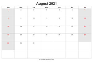 august 2021 calendar with us holidays highlighted landscape layout