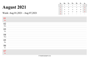 august 2021 weekly calendar with us holidays landscape layout