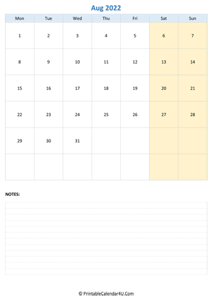 august 2022 calendar editable with notes vertical layout