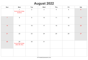 august 2022 calendar with uk bank holidays highlighted landscape layout