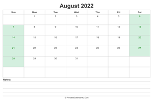 august 2022 calendar with us holidays and notes landscape layout