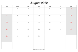 august 2022 calendar with us holidays highlighted landscape layout