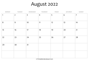 august 2022 editable calendar with holidays