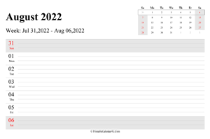 august 2022 weekly calendar with us holidays landscape layout
