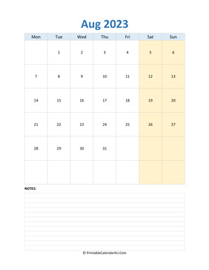 august 2023 calendar editable with notes vertical layout