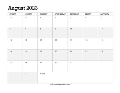 august 2023 calendar printable week starts on sunday