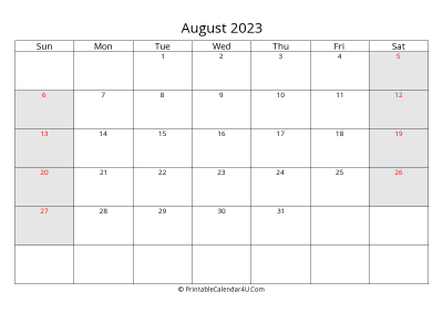 august 2023 calendar with us holidays highlighted landscape layout