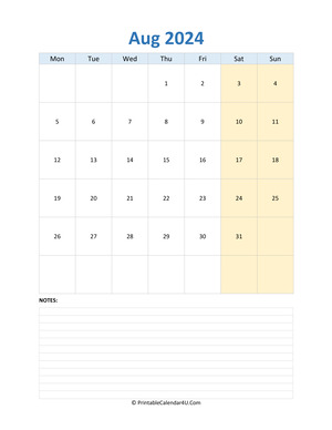 august 2024 calendar editable with notes vertical layout