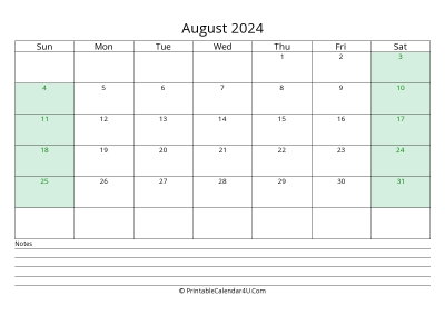 august 2024 calendar with us holidays and notes landscape layout