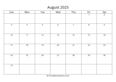 august 2025 calendar printable landscape layout