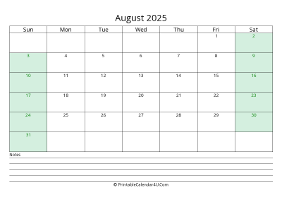august 2025 calendar with us holidays and notes landscape layout