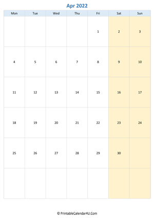 blank calendar april 2022 vertical layout
