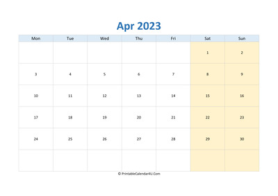 blank calendar april 2023 horizontal layout