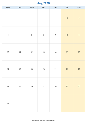 blank calendar august 2020 vertical layout
