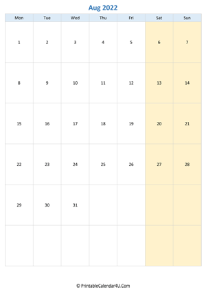blank calendar august 2022 vertical layout