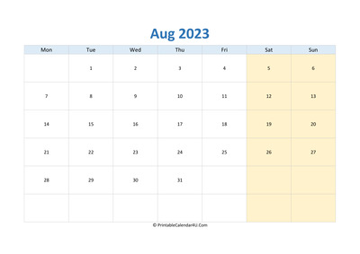 blank calendar august 2023 horizontal layout