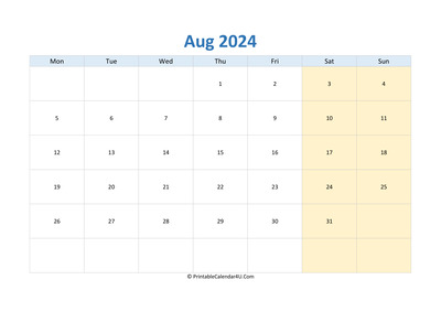 blank calendar august 2024 horizontal layout