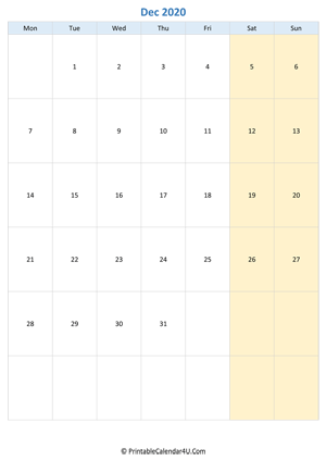 blank calendar december 2020 vertical layout
