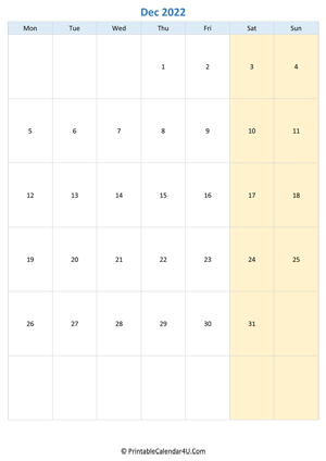 blank calendar december 2022 vertical layout