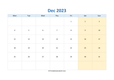 blank calendar december 2023 horizontal layout