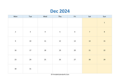 blank calendar december 2024 horizontal layout