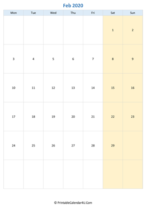 blank calendar february 2020 vertical layout