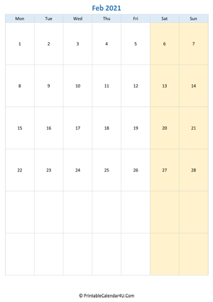 blank calendar february 2021 vertical layout