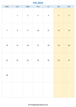 blank calendar february 2022 vertical layout