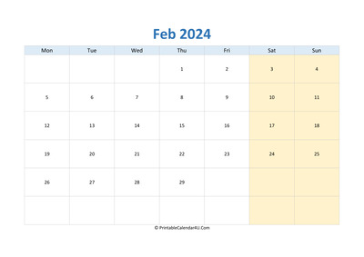 blank calendar february 2024 horizontal layout
