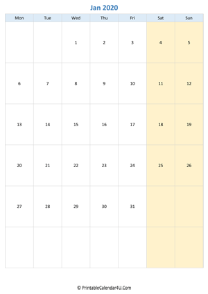 blank calendar january 2020 vertical layout