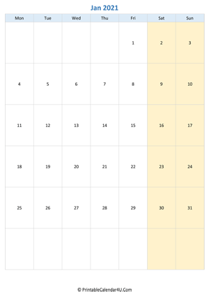 blank calendar january 2021 vertical layout