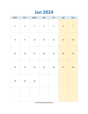 blank calendar january 2024 vertical layout