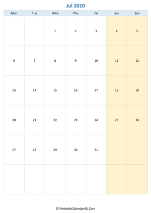 blank calendar july 2020 vertical layout