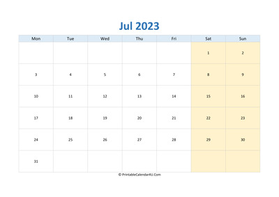 blank calendar july 2023 horizontal layout