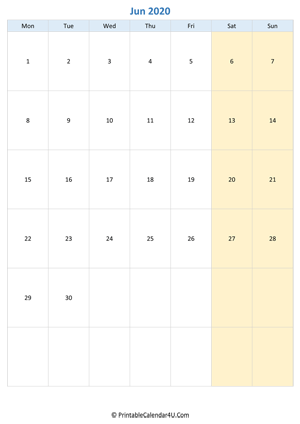 blank calendar june 2020 vertical layout