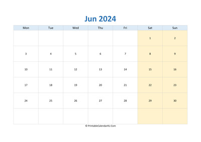 blank calendar june 2024 horizontal layout