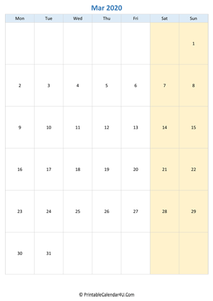 blank calendar march 2020 vertical layout