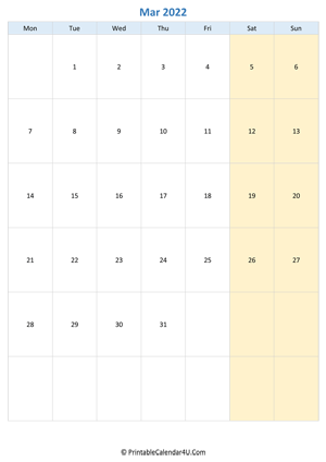 blank calendar march 2022 vertical layout