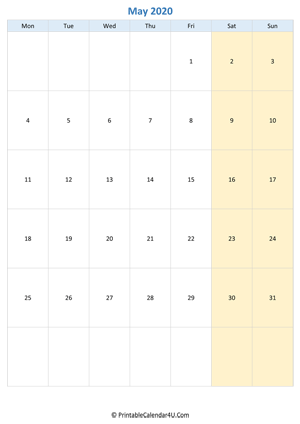 blank calendar may 2020 vertical layout