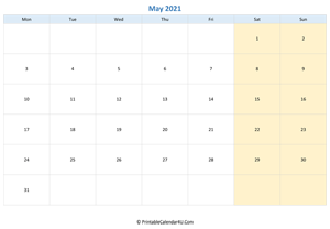 blank calendar may 2021 horizontal layout