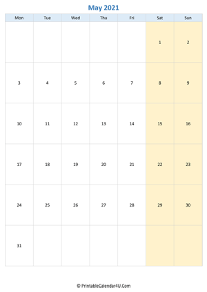 blank calendar may 2021 vertical layout