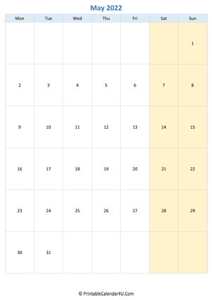 blank calendar may 2022 vertical layout