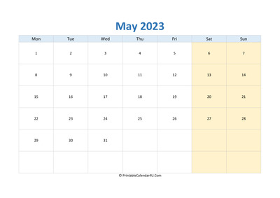 blank calendar may 2023 horizontal layout