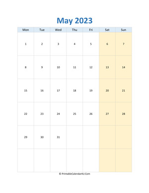 blank calendar may 2023 vertical layout