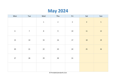 blank calendar may 2024 horizontal layout