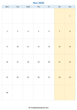 blank calendar november 2020 vertical layout