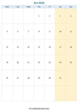 blank calendar october 2020 vertical layout