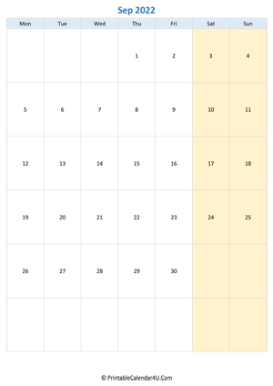 blank calendar september 2022 vertical layout