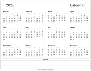 calendar 2020 has week starts on sunday landscape layout